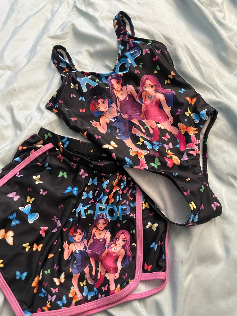 SHEIN Black K-Pop Butterfly Print One-Piece Girls Swimsuit